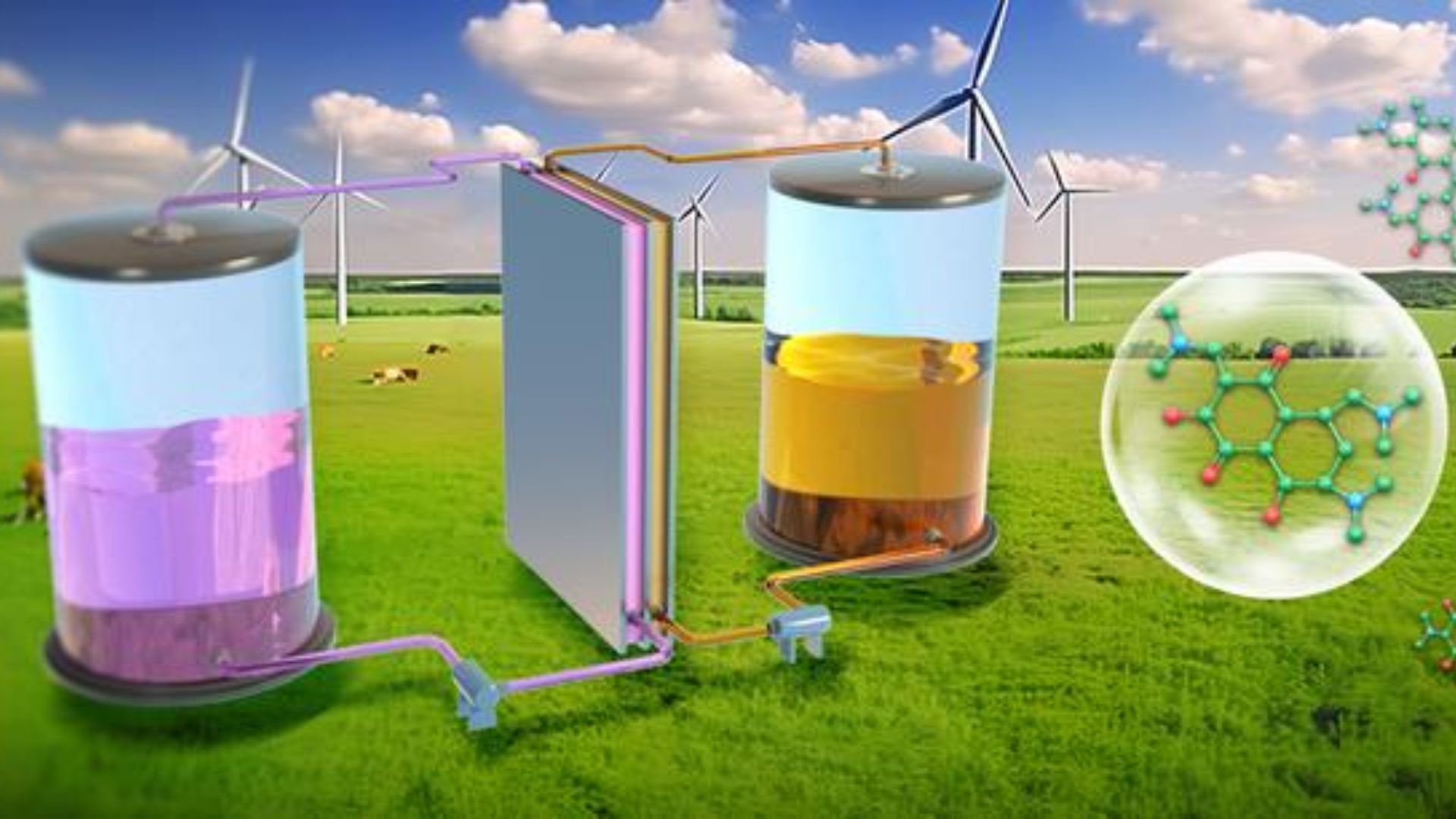 Artistic representation of a redox flow battery and its advantages